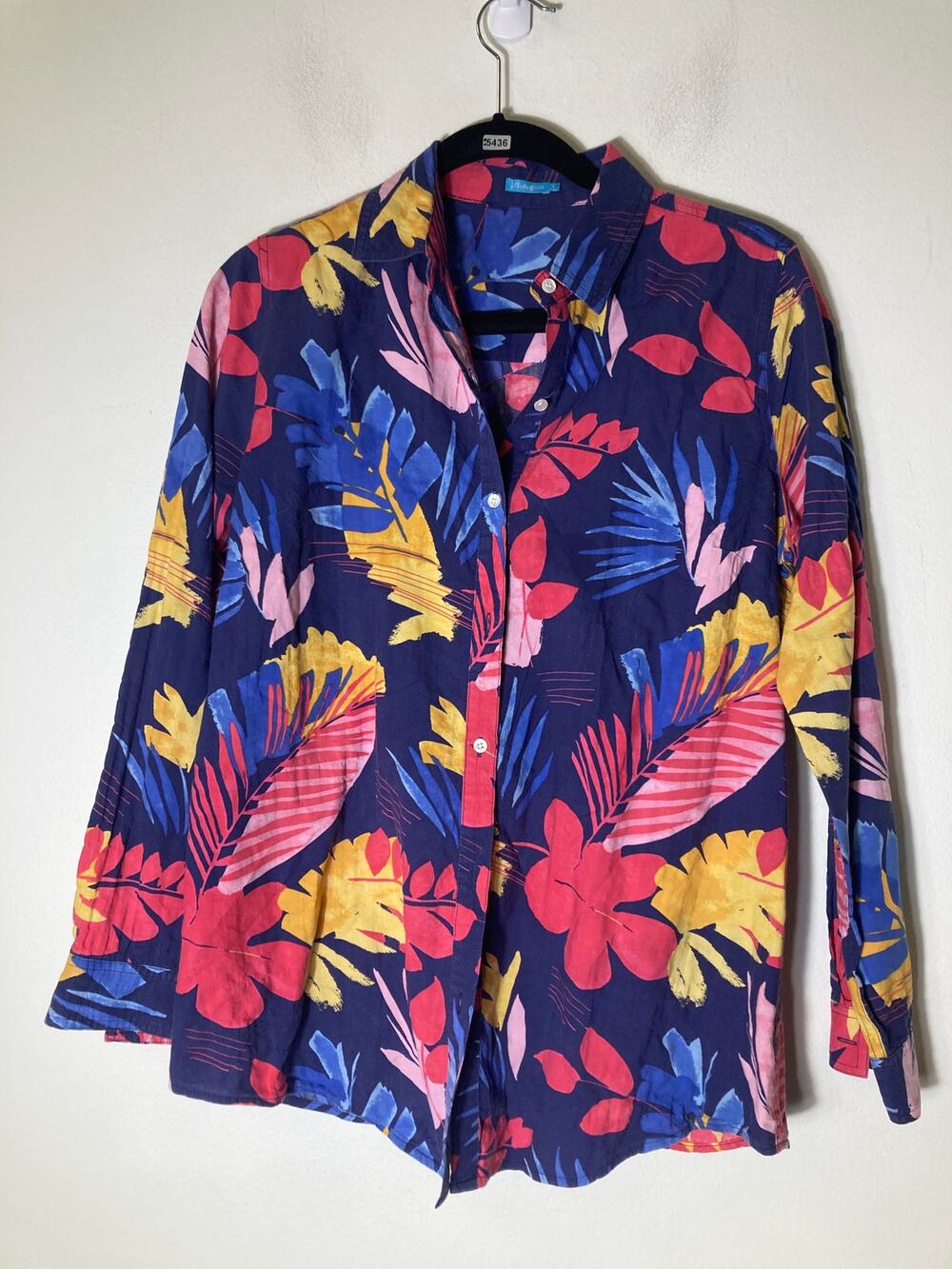 J. McLaughlin Navy Blue Tropical Print Long Sleeve Button Up Shirt Sz S